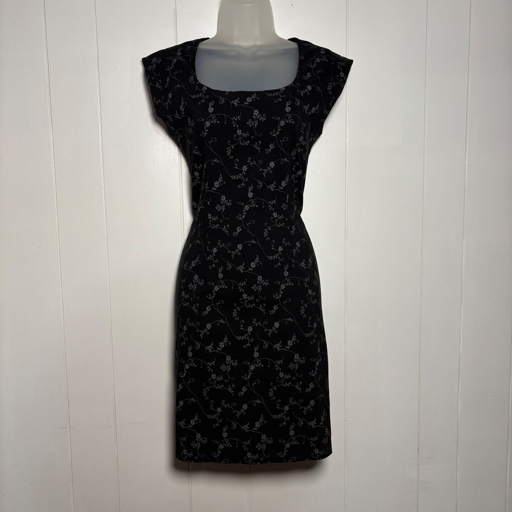 VTG Y2K Whimsigoth Black Floral Vine Sheath Dress Square Neck Cap Sleeve Sz 6